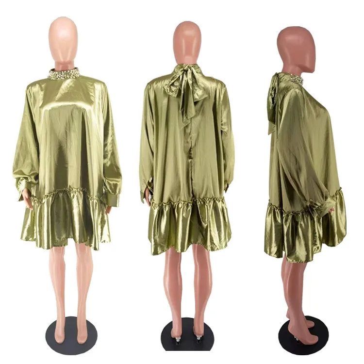 Vestido Casual Solto com Patchwork de Pérolas, Cor Pura, Saia em Camadas, Manga Bufante, Gola Redonda, Manga Longa