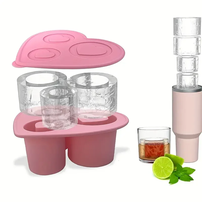 1 Stück 3-Loch-Herz-Eiswürfelform für Stanley Cup, Silikonform mit Deckel, lebensmittelecht, flexibel, wiederverwendbar, für Whiskey-Cocktails