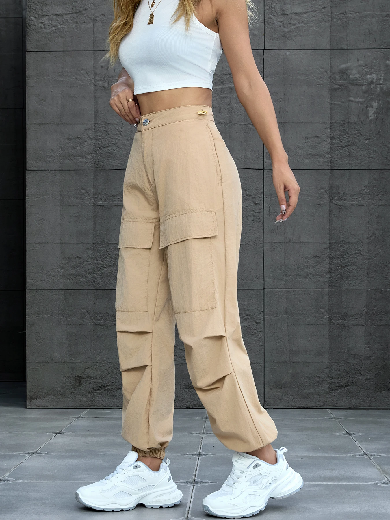 Women's fashion pants, 2 pocket overalls, elastic rope waist, elastic foot, loose pants, suitable for all seasons-2409