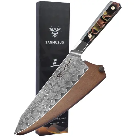 SANMUZUO 8 Inch Chef Knife - BI Series - Premium 101 Layers Damascus Powder Steel Kitchen Knife with Comfort-Grip Resin Handle