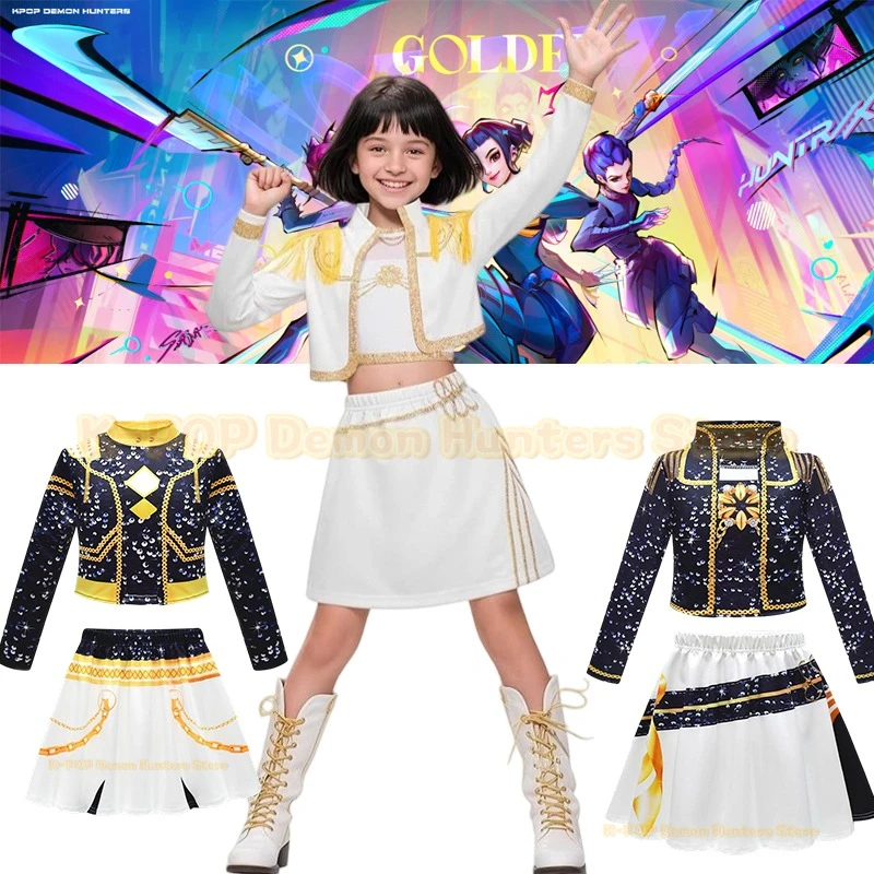 

Kids Girls Kpop Demon Hunters Rumi Zoey Mira Cosplay Full Suit Set Costume Anime Idol Stage Performance Children Halloween Party