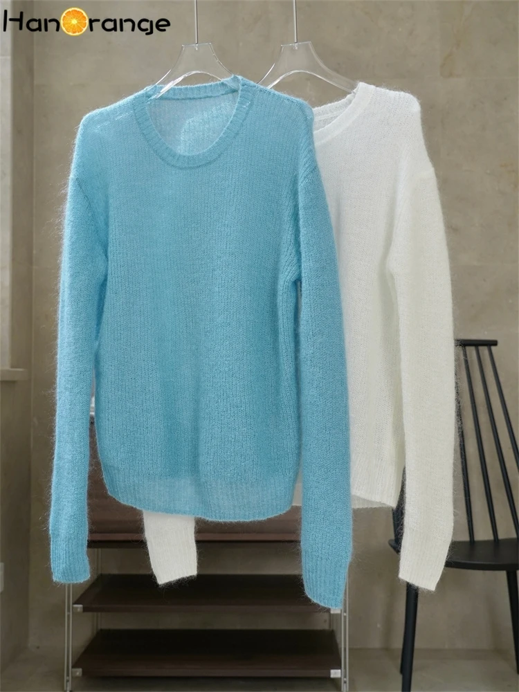 HanOrange 2024 Spring Lazy Misty Feeling Wool Sweater Women Loose Soft Glutinous Micro Perspective Knitted Top Female White/Blue