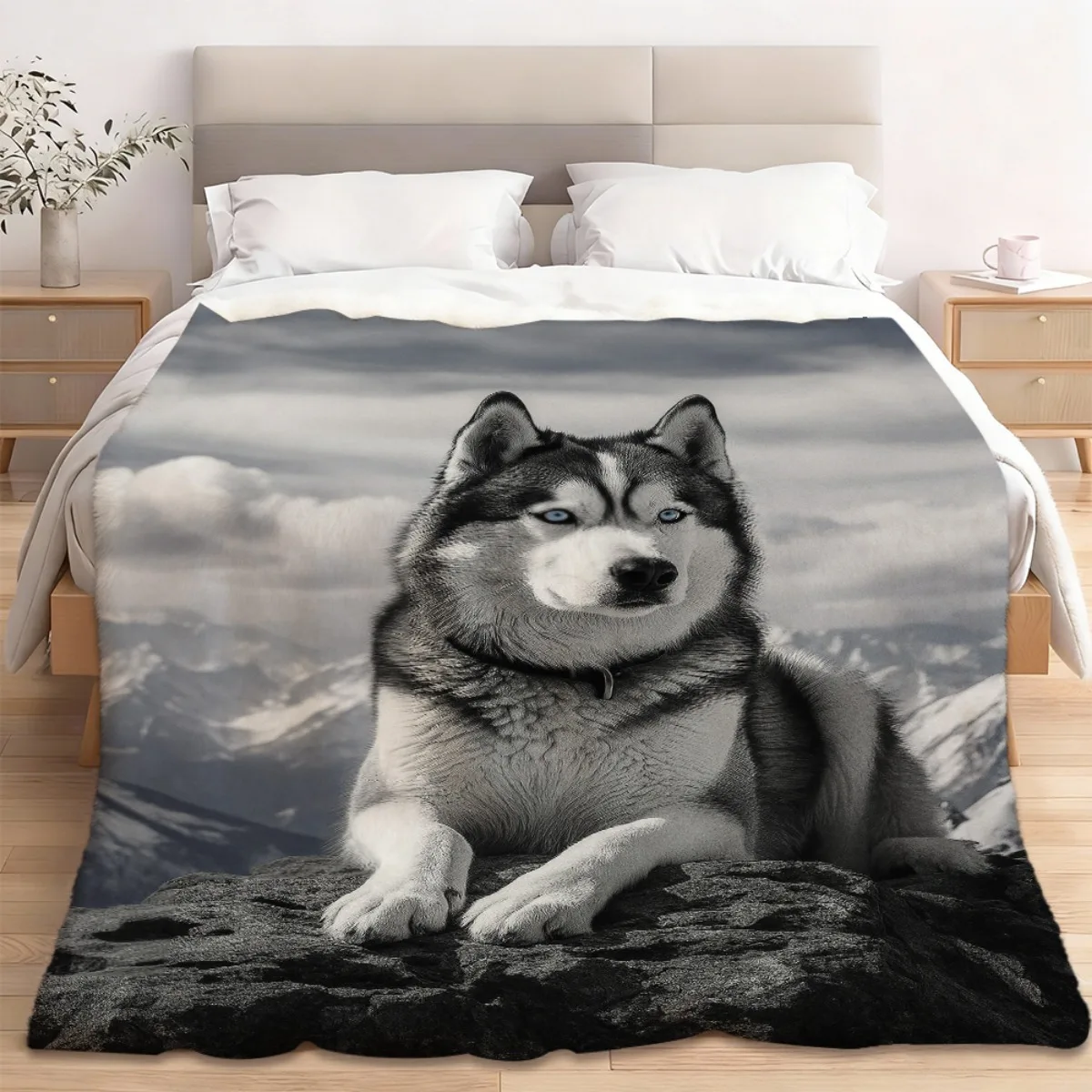Siberian Husky Dog Art Print Throw Blanket Plush Fleece Cozy Mural Pet Lovers Gift Home Decor Aesthetic Wall Art Living Room
