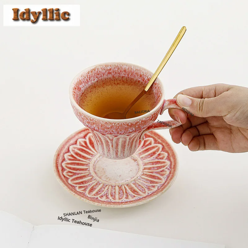 HOYIHM 200ml Kiln Fambe Gradual Change Coffee Mug With Plate Couple Handgrip Cups Afternoon Tea Mug Cup Saucer Kit Teaset Gift