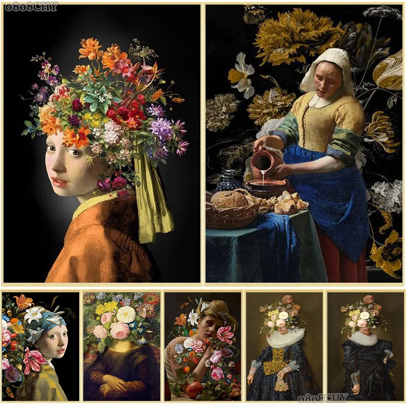 Classic Mona Lisa,The Girl with A Pearl Earring Flowers Portrait Art Canvas Painting Vintage Posters Wall Art Mural Home Decor