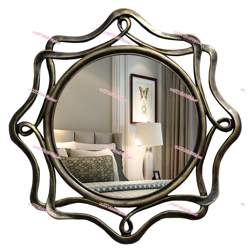 European Retro Gold Bathroom Mirror American Country Wall Hanging Porch Decoration Round Washbasin Makeup Dressing Mirror