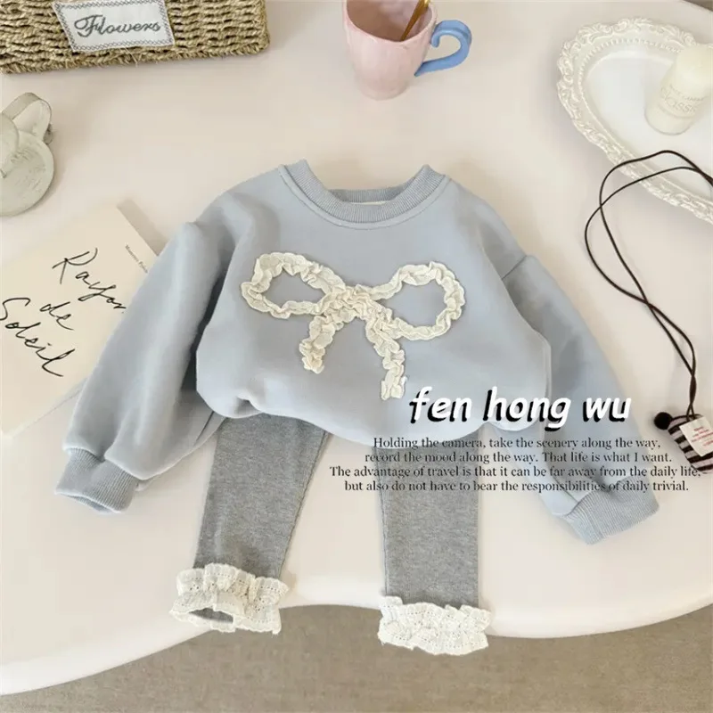 

Lace Bow round Neck Sweater Autumn and Winter Blue Cheese Sweetheart South Korea Knitted Lace Ruffle Pants Suit