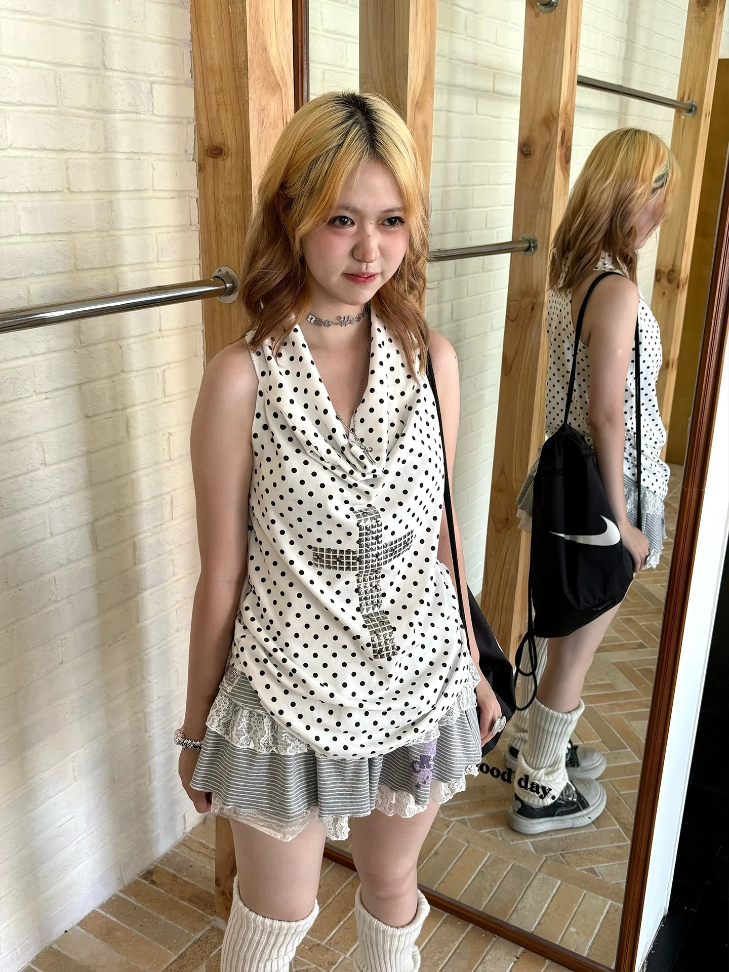 

Spring Field Too Milk White Polka Dot Cross Stitch Svel Slimming Top Women's Commute Sle Cotton Blend Casual Wear