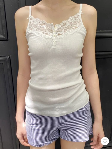 Camiseta sin mangas ajustada acanalada con botones y ribete de encaje para mujer, chaleco sencillo blanco de algodón sin mangas, camisola básica dulce Vintage, Tops Y2k