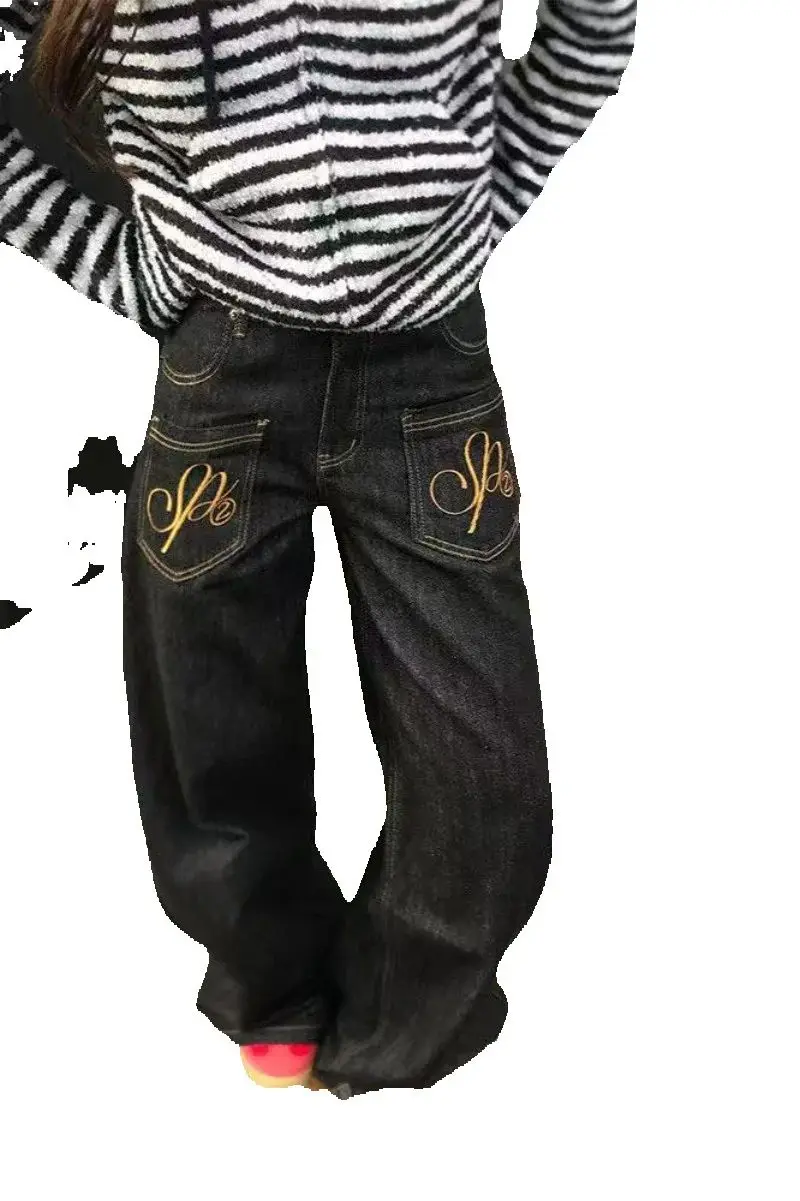 

American Retro Harajuku Embroidered High Waist Wide-leg Jeans Women Hip-hop Casual Loose Streetwear Trousers Y2K Straight Pants