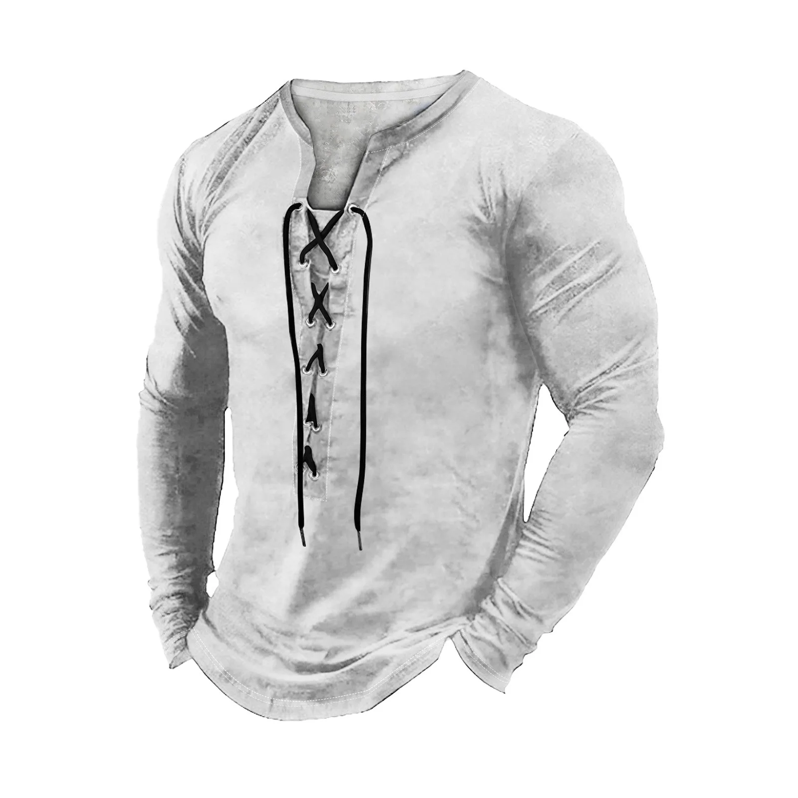 Men'S Vintage Style T-Shirts Spring Outdoor Casual Tops Fashion Lace-Up V-Neck Long-Sleeved T-Shirt Autumn Plain Color Tops