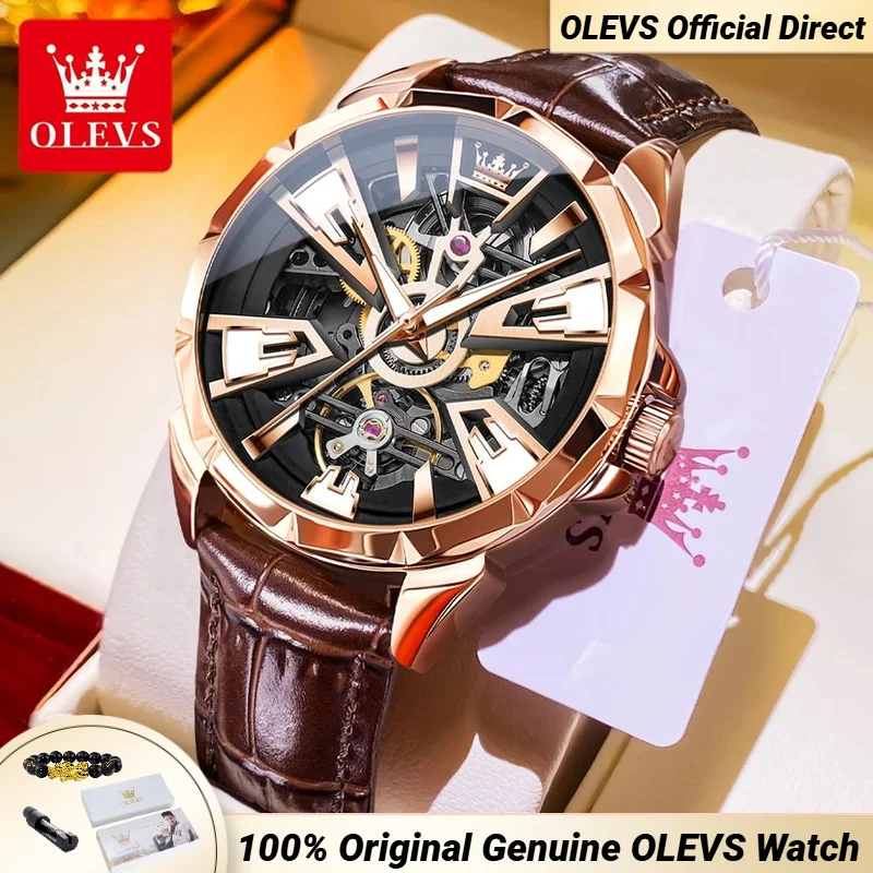 OLEVS 7051 Men Watch Casual Waterproof Luminous Leather Strap Luxury Original Hollow Men's Fully Automatic Mechanical Watch