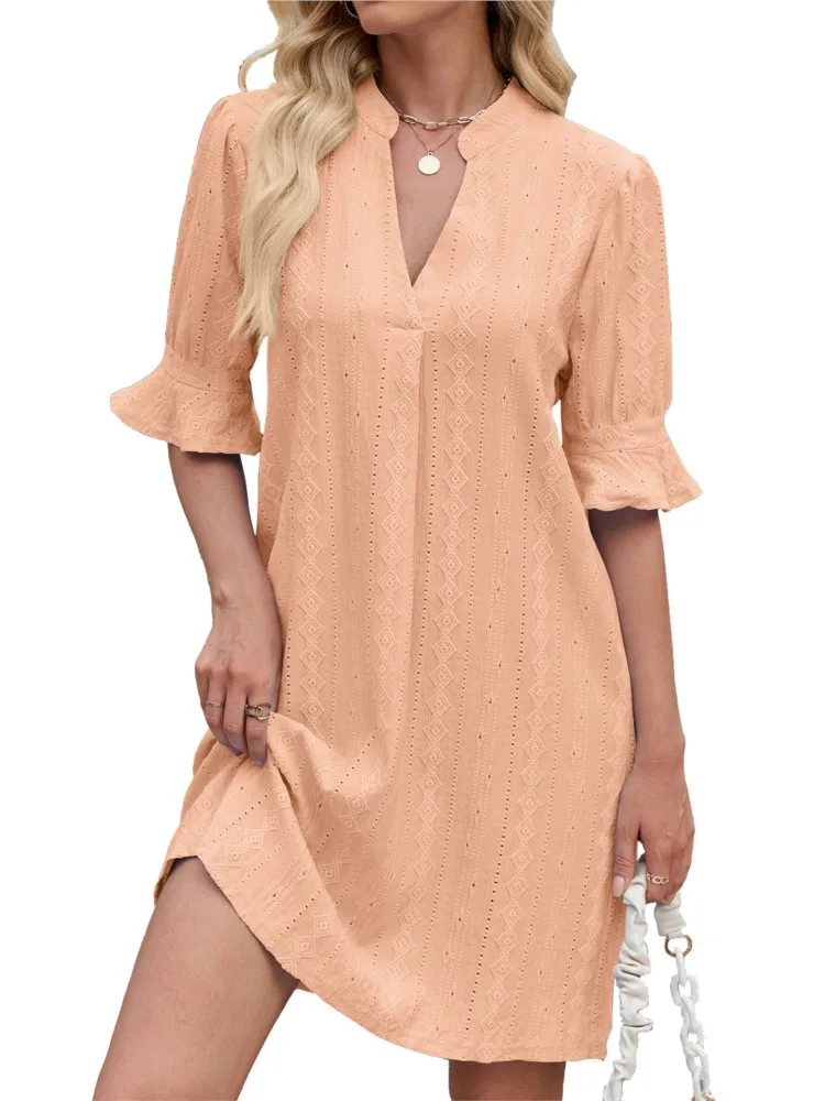Vestidos para mujer Color sólido cinco puntos media manga cuello en V vestido suelto agradable a la piel vacaciones estilo playero vestido veraniego bata para mujer