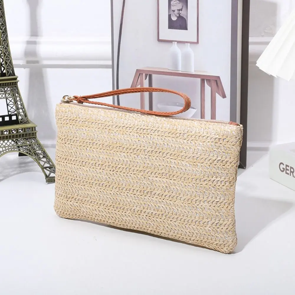 Fashion Ladies Weaving Bag Wristlet Clutch Women Daily Money Phone Clutch Solid Straw Woven Coin Purse Beach Wallet Card Holder