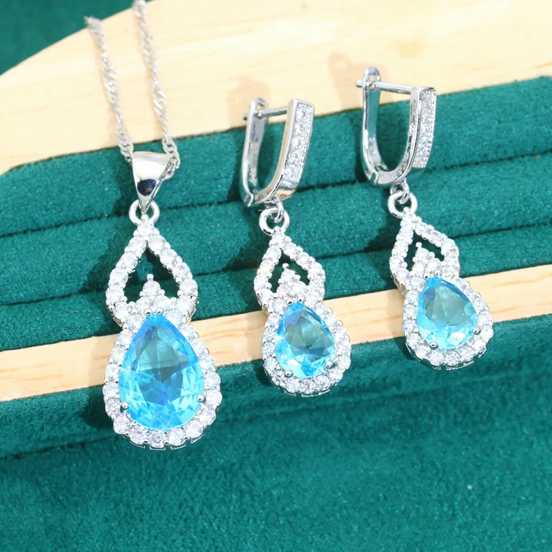 ドロップ型のシルバージュエリーセット,女性用,baby blue,red zircon,ネックレスペンダント,リングとブレスレット,ギフトの更新,925シルバー