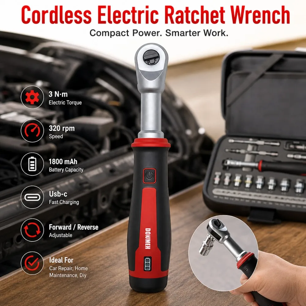 3/8 Cordless Electric Ratchet Wrench 3N.m 320RPM 1800mAh USB-C Charging Tool With Forward Reverse Switch For Car DIY Maintenance