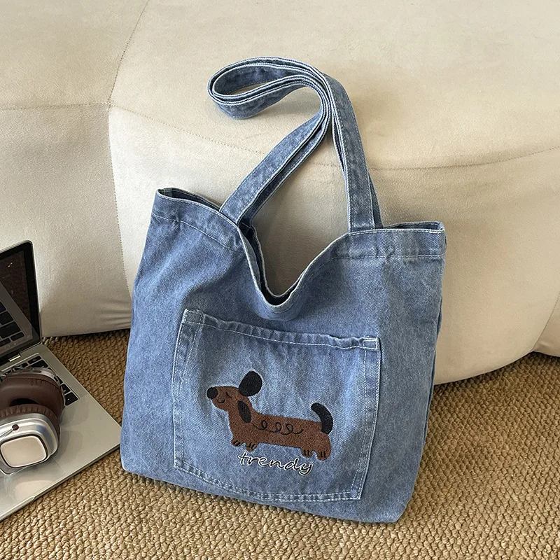 Korean Embroidered Puppy Denim Tote Bag New Casual Large Capacity Textured Shoulder Bag Women Versatile Commuting Bag