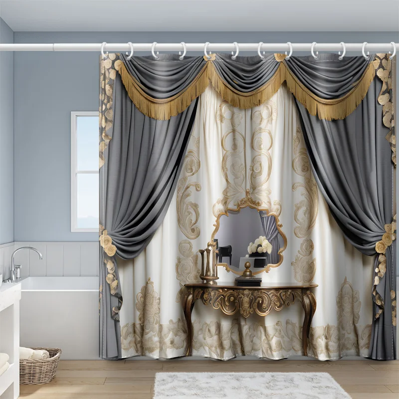 Elegant Woven Polyester Bath Drape with Baroque Mirror and Drapery Print, Water-Resistant Artistic Design, Includes Hooks, Machi