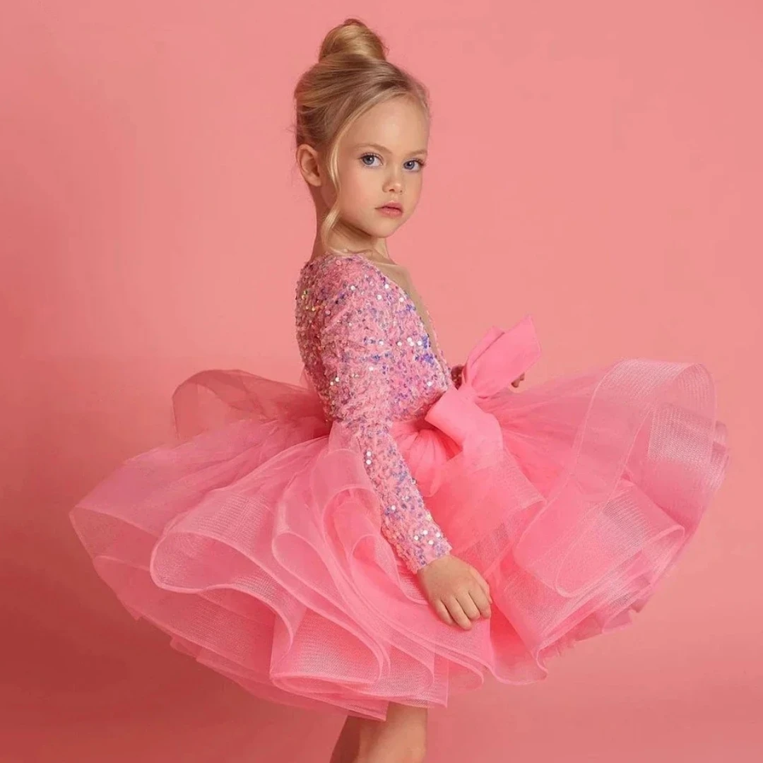 

Vintage Dress Tulle Children Vestido Puff Sleeve Kids Pearl Wedding Party Birthday Tutu Dress Clother Summer Baby Girl Princess