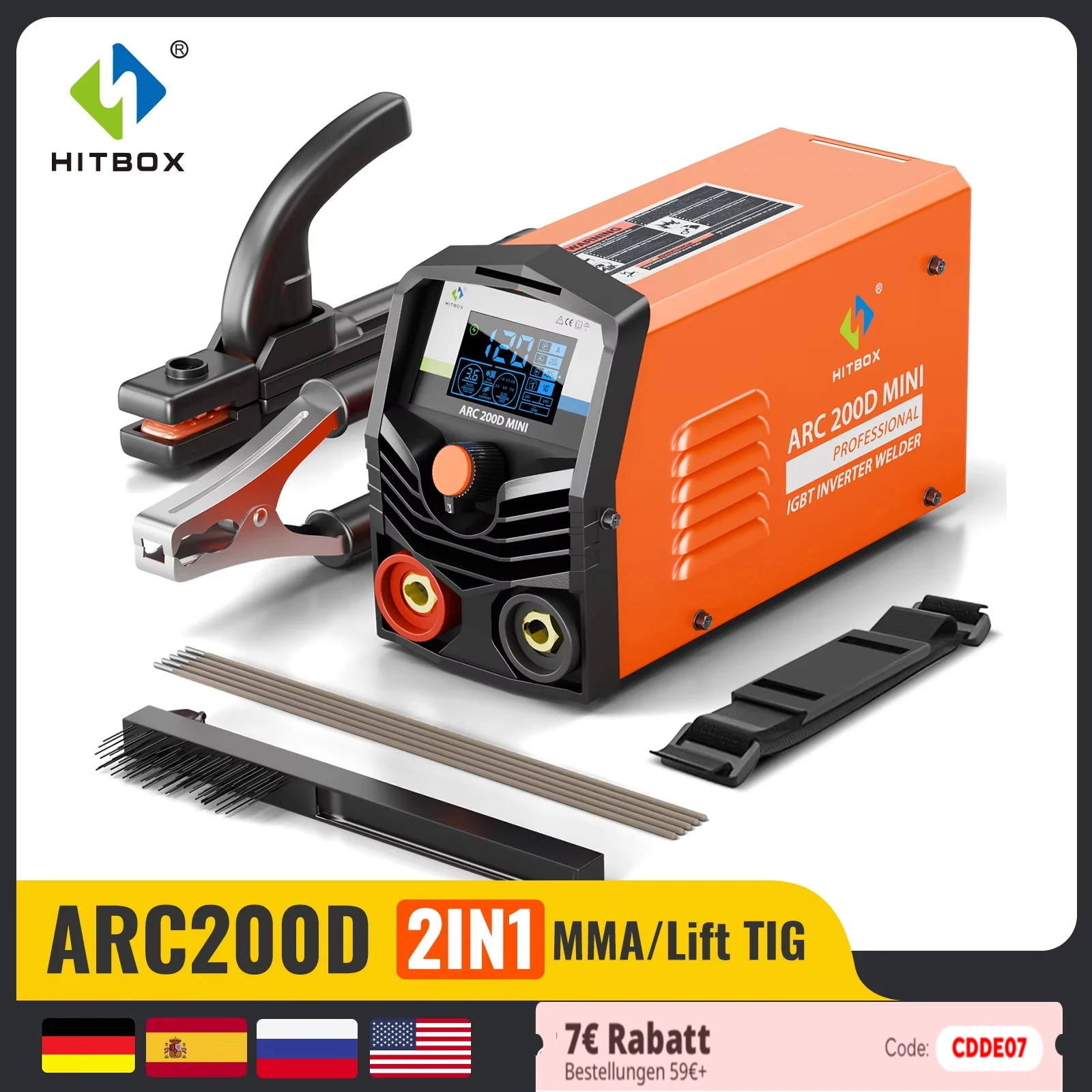 HITBOX MINI-Schweißgerät, 2-in-1, MMA und LIFT WIG, 200 A, LCD-Digitalanzeige, Inverter,