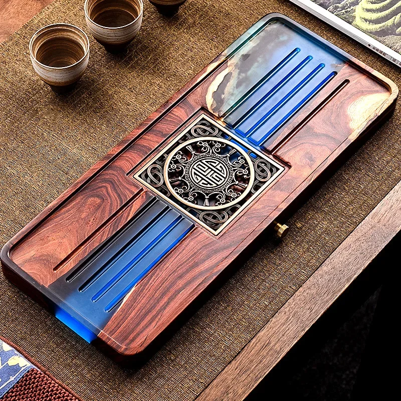 

sandalwood row storage dual-purpose tea tray Household Kung Fu tea set Tea table Dry brewing tray Solid wood resin drain table