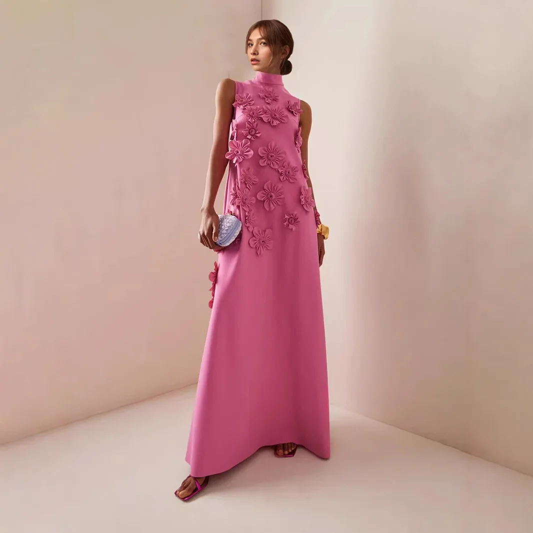 Ele col haut Svel Long Dr avec décoration florale 3D pour Par tissu Polyester taille ample pièce unique