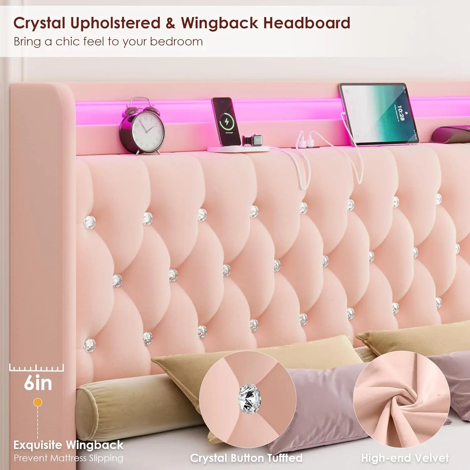 Upholstered Full Size LED Bed Frame with Charging Station & 4 Storage Drawers, Velvet Crystal Button-Tufted Wingback Headb