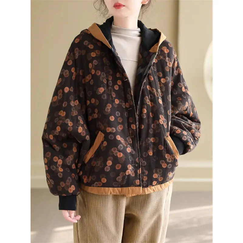 Original Literary And Artistic Cotton Jacket Thickened Women\'s Loose Retro Color Printing Warm Hooded Casual Quilted Coat Z4146