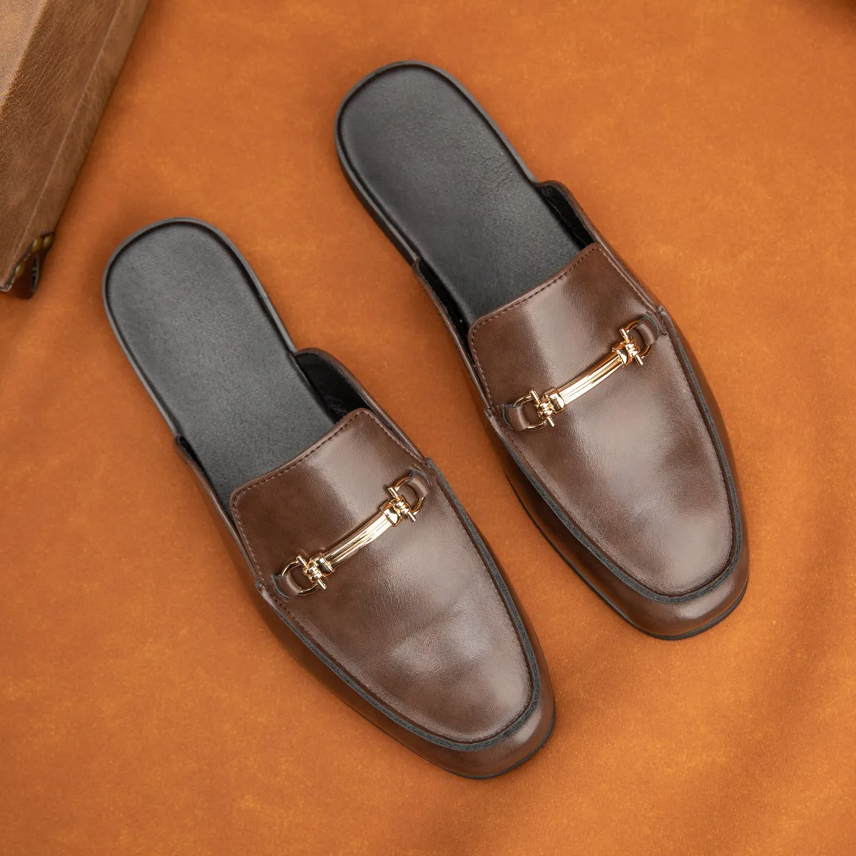 38-47mules shoes man horsebit loafers Fashion slippers half shoes for man british style designer shoes mules black brown chinelo