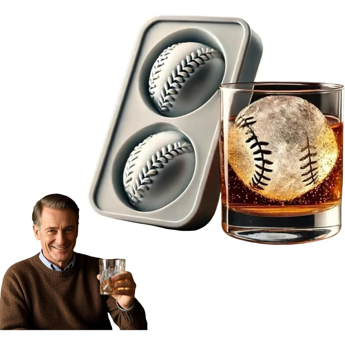 Baseball Ice Mold, 3D Sphere Whiskey Ice Cube Molds Large Ice Ball Maker for Whiskey - Easy Release for Drinks & Gifts
