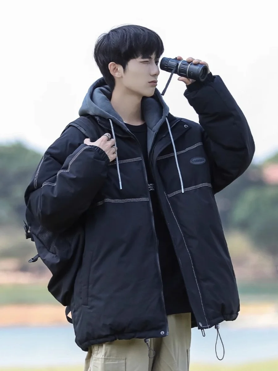 

Men's Thiened Cotton Jaet Winter Coat Loose Fit Hoodie Zipper Closure Casual Sle Youth ular Cleanfit Stand Length