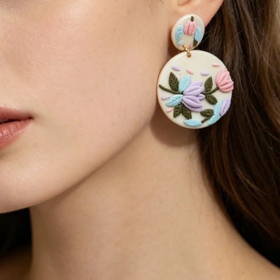 Flora Flowers Handmade Polymer Clay Earrings Set Vintage Irregular Floral Multi Colors Shapes Dangle Jewelry for Spring Summer