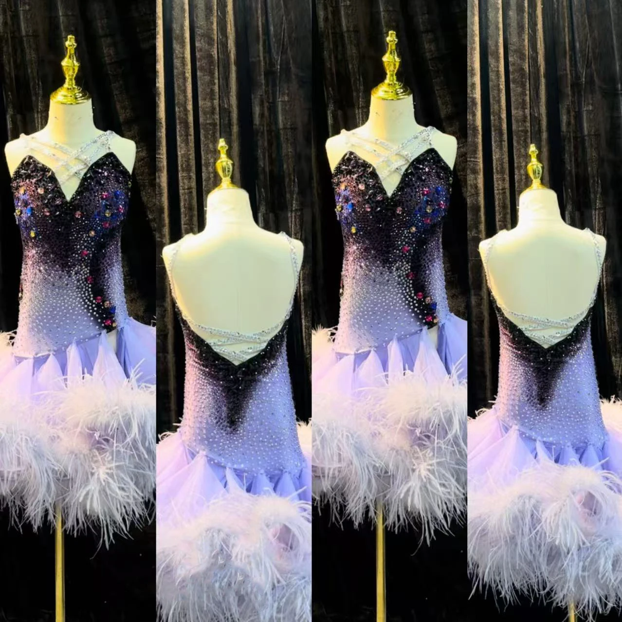 Latin Dancer Adult Children High-End Customized Gradient Purple Jumpsuit Contrasting Tango Samba AB Stone Performance Dress