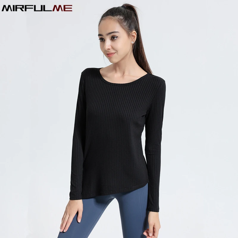 Autumn Women Slim Yoga Shirt Embossed Long Sleeve Sport T-Shirt Girls Forked Gym Workout Top Breathable Running Sweatshirt Femme