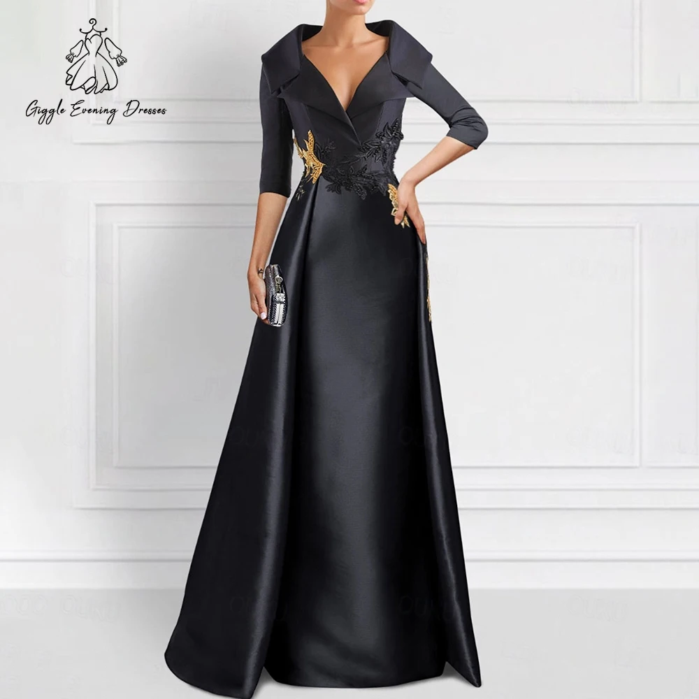 ギグルエレガントサウジアラビアのイブニングドレスブラック3/4スリーブVネック控えめなフォーマルドレスドバイパーティープロムマキシドレスカスタマイズ