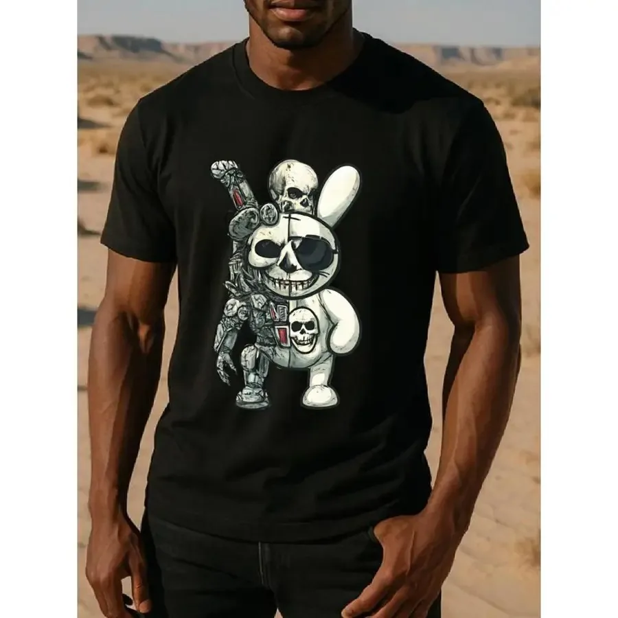 

【New Arrival】Gothic Skeleton Bunny T-Shirt Men's Streetwear Casual Cotton Short Sleeve Tee Dark Skull Robot Rabbit Graphic Unisex Crew Neck Top