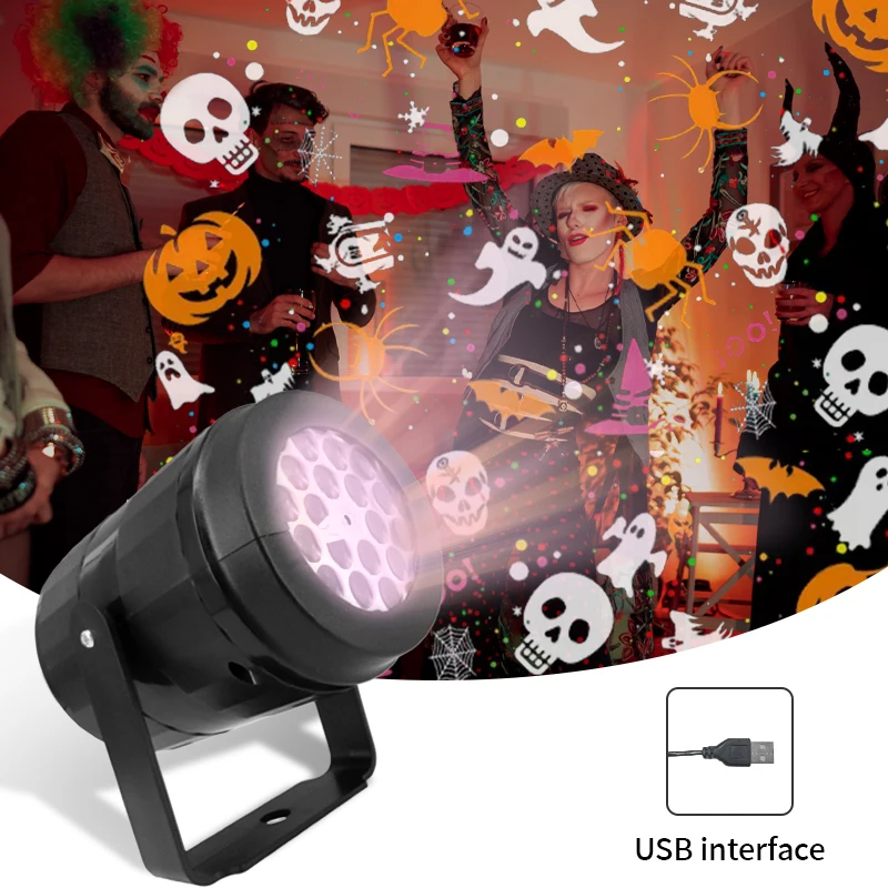 1pc LED Halloween Projection Light16 Patterns USB Powered Projection Lamp Light Outdoor Projector Stage Halloween Decoration