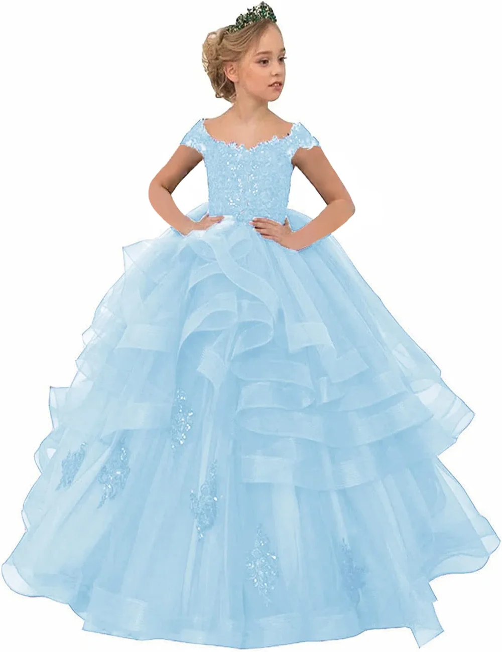 Elegant Green Angel Tulle Layered Flower Girl Dress Princess Ball Beauty Pageant First Communion Dress Kids Birthday Present