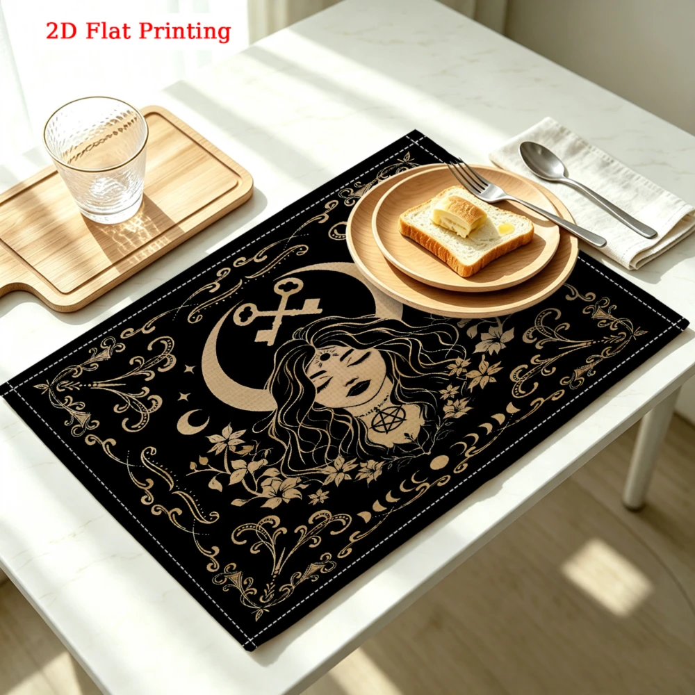 2Pcs Gothic Moon Goddess Placemat Black Celestial Floral Print Table Mat Kitchen Dining Decor Non Slip Heat Resistant 30X40Cm