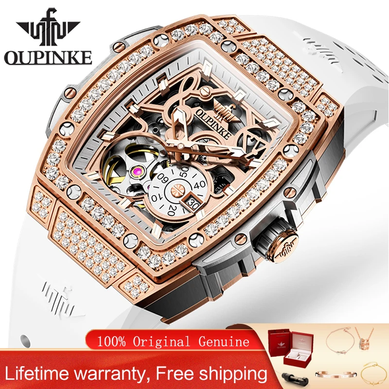 OUPINKE Original Luxury Women's Skeleton Mechanical Watch Diamond Ladies Wristwatch 50M Waterproof Sapphire Elegant Female Clock