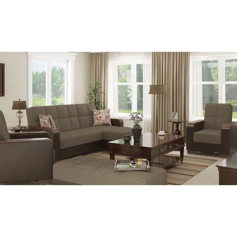 Upholstered Convertible Ottoman with Wood Trim, Storage, Brown PU Polyester