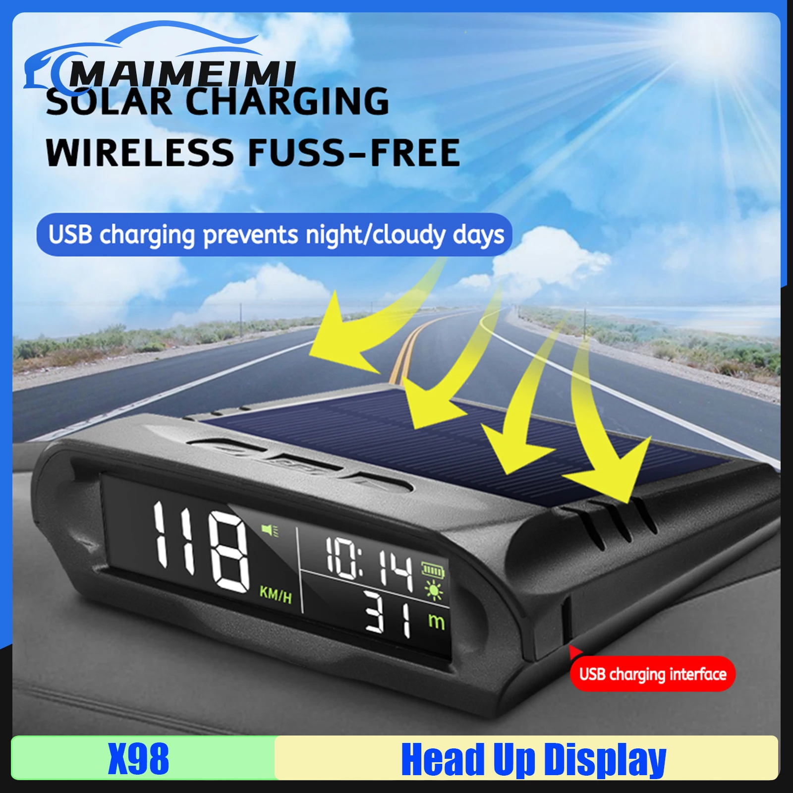 

MAIMEIMI X98 солнечный цифровой автомобильный HUD GPS проекционный дисплей автоматический спидометр сверхскоростное напоминание о вождении с усталостью температура часов