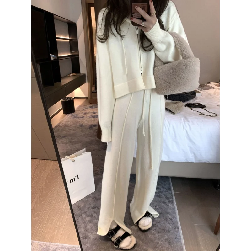 Hooded Zipper Cardigan Women Short Fall Winter Wool Lazy Style Front Slit Drawstring Slim Knitted Suit Milanese Fleece Trousers