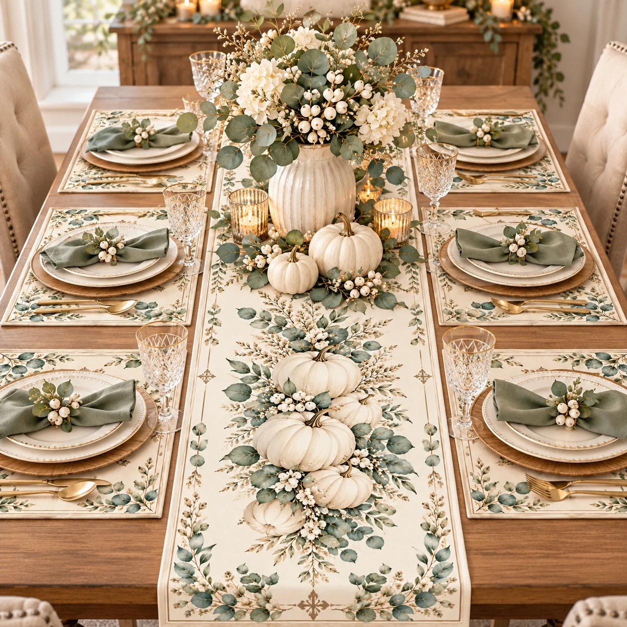 7Pcs Fall White Pumpkin Table Runner Placemats Set Sage Green Eucalyptus Thanksgiving Farmhouse Dining Decor