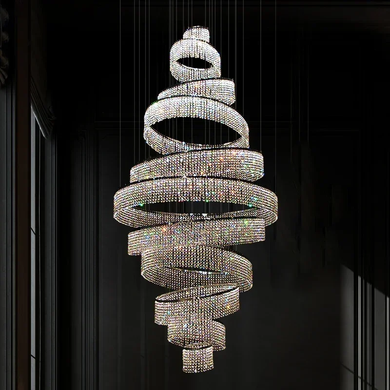 Luxury Staircase Crystal LED Chandelier For Living Room Lobby Large Modern Ring Cristal Hanging Lighting Chrome Long Indoor Lamp