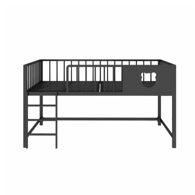 Black simple, wrought iron half-height bed, ladder with guardrail, small apartment saves space, single bed