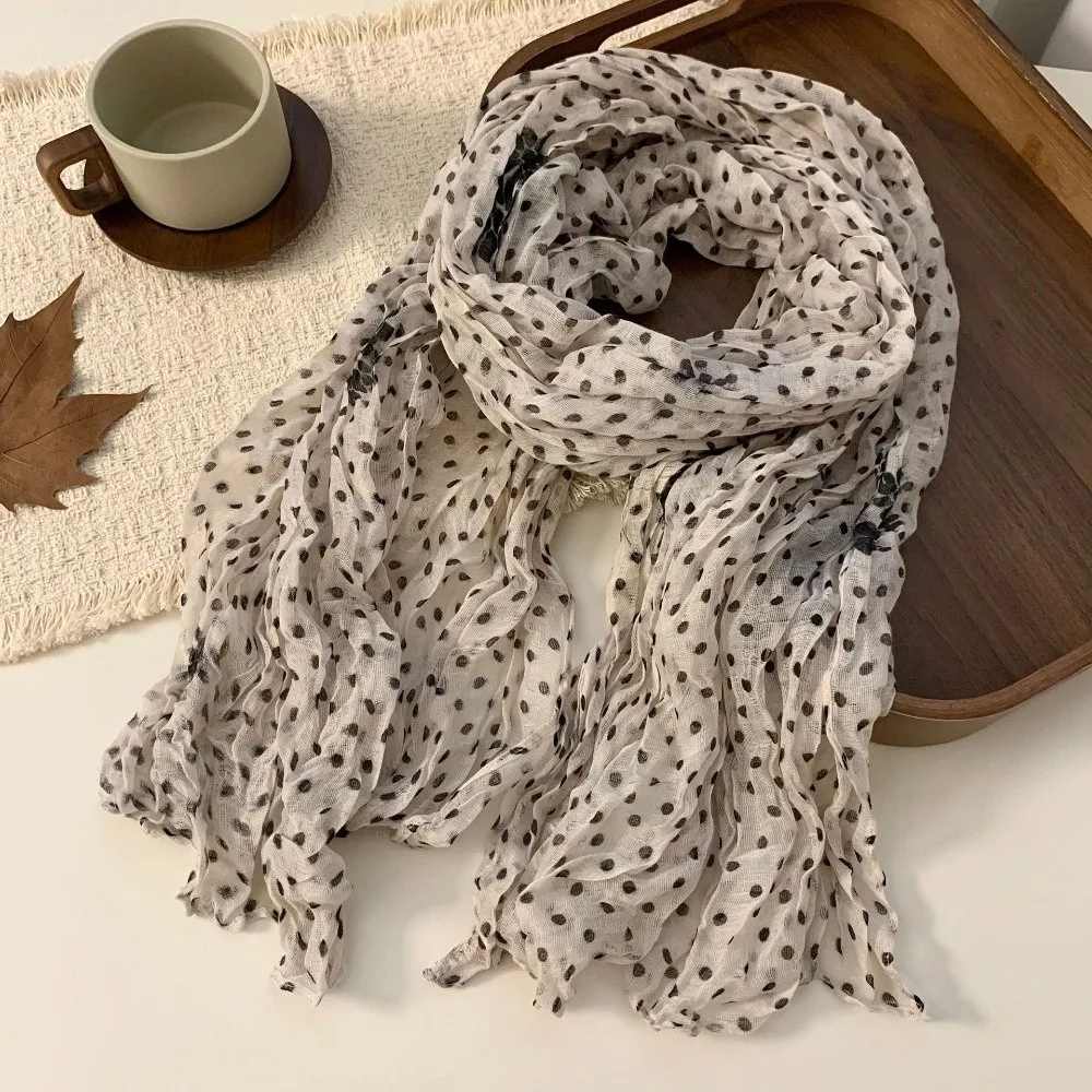 Elegant Floral Print Cotton Linen Scarf Frill Trim Versatile Wear Twisted Scarf Wrinkle Female Headscarf Autumn Winter