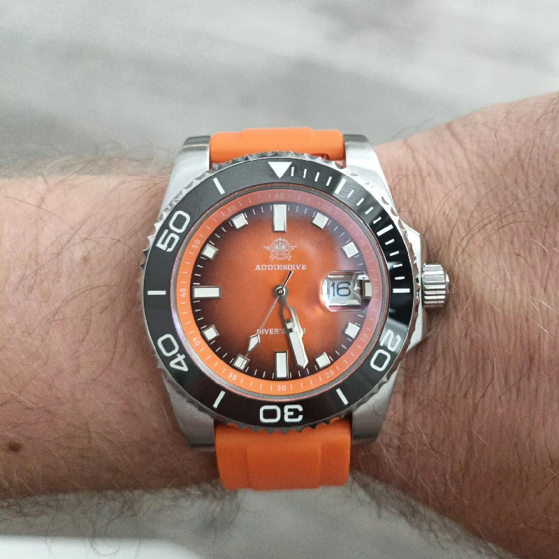 ADDIESDIVE AD2089 Fashion Quartz Watches 41mm Stainless Steel Rotatable Bezel Orange Men's Dive Watch with Rubber Strap Luminous
