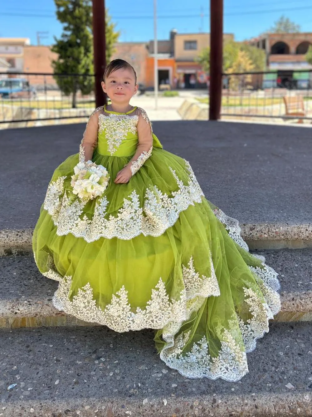 Girls Lace Sleeve Flower Girl Dresses With Train Toddlers Tulle Tiered Pageant Dress Satin Bow Communion Wedding Party Gowns