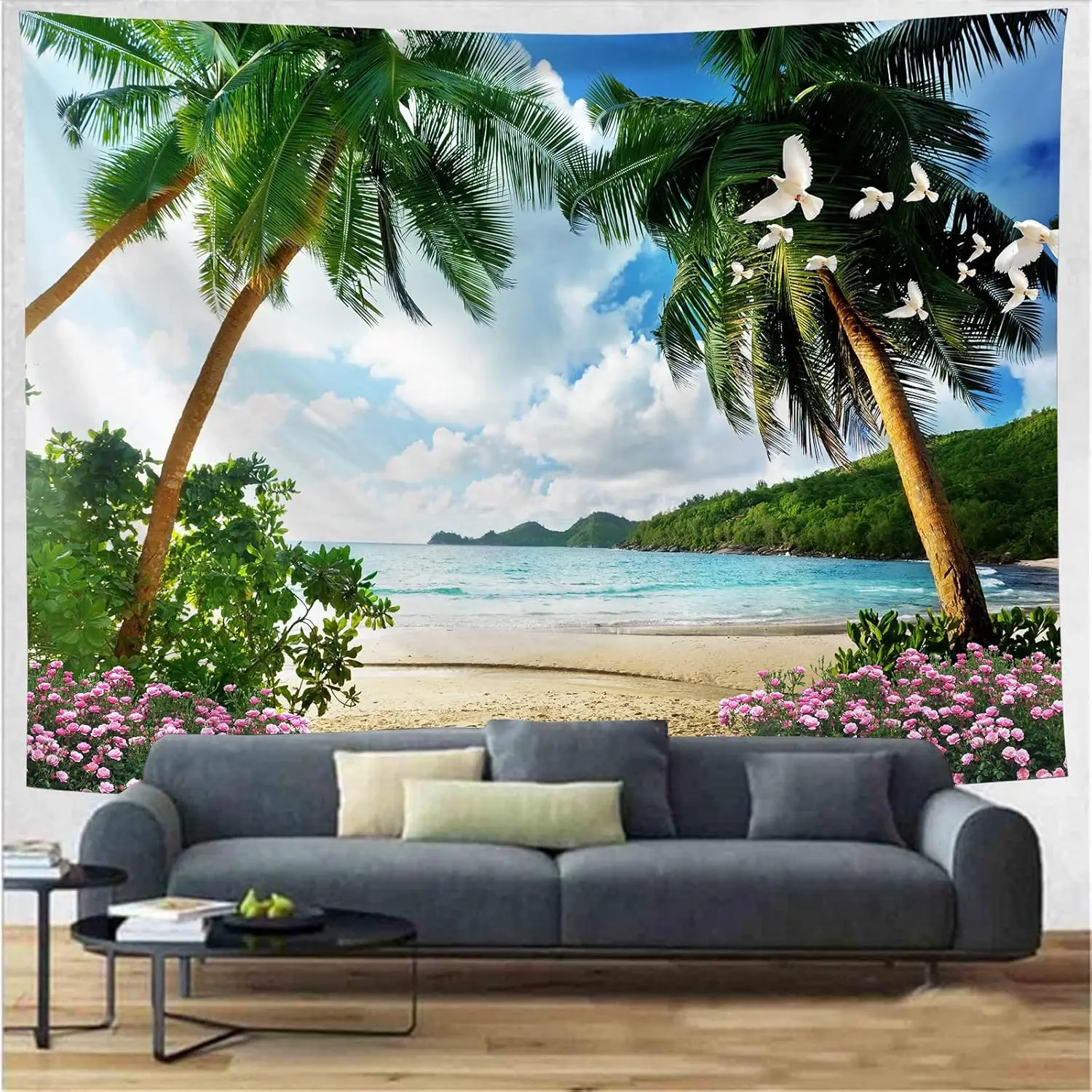 Ocean Beach Tapestry Wall Hanging Tropic Paradise Beach Wall Decor Hawaii Tapestries Flower Palm Tree Tapestry for Bedroom